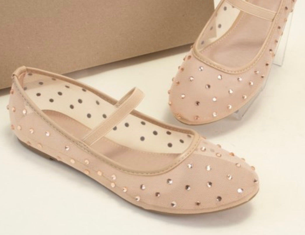 Beige Mesh Rhinestone Flats